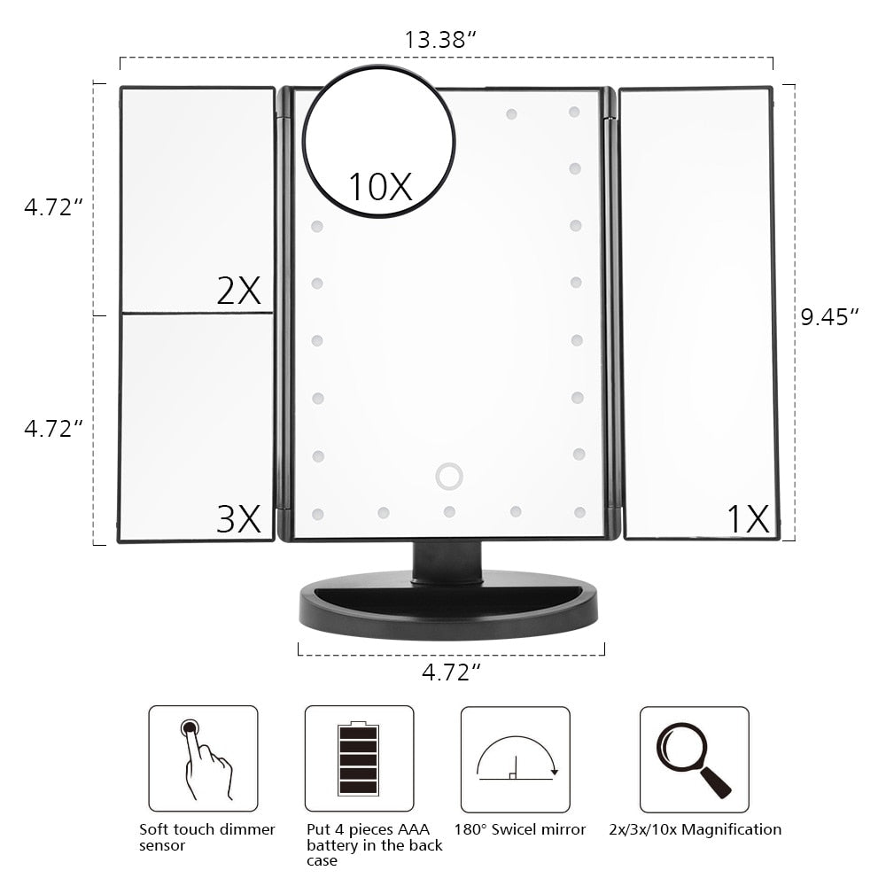 3-Panel LED Makeup Mirror with Touch & Magnification